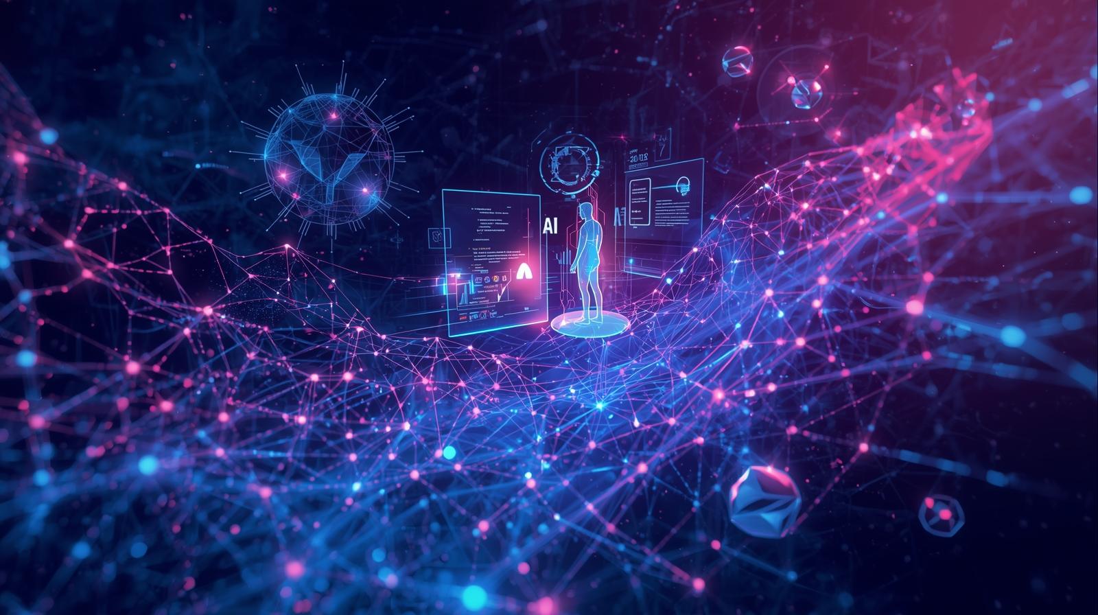 Abstract network of glowing blue and pink lines connecting nodes, with AI interfaces and a human silhouette.